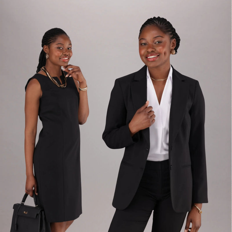 Women's black office wear featuring a sleeveless dress and tailored blazer with pants.