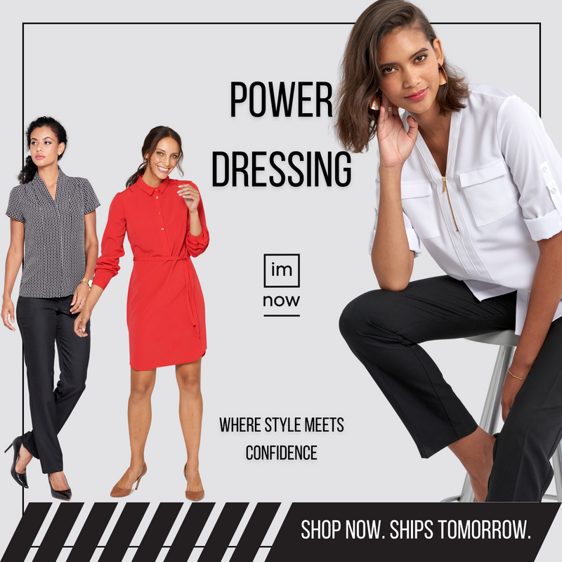Women's black office wear featuring a sleeveless dress and tailored blazer with pants.