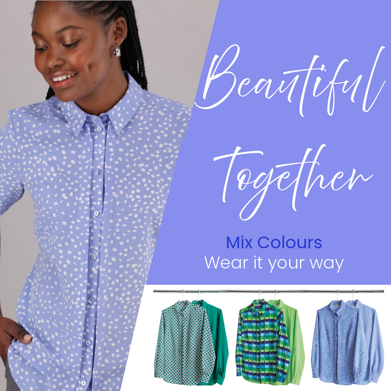Woman wearing a blue printed shirt from ImNow with colourful patterned shirts.
