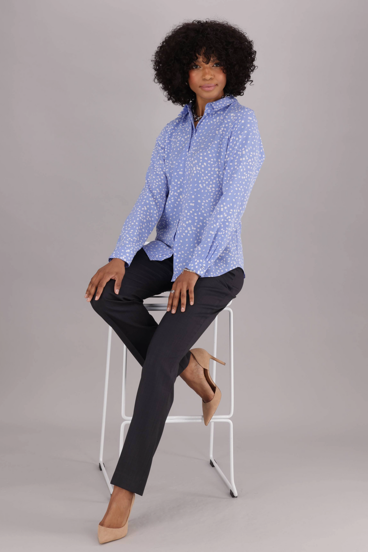 Light Blue and White Women’s Tabbed Long Sleeve Office Shirt with Collar and Pintuck Details from ImNow.