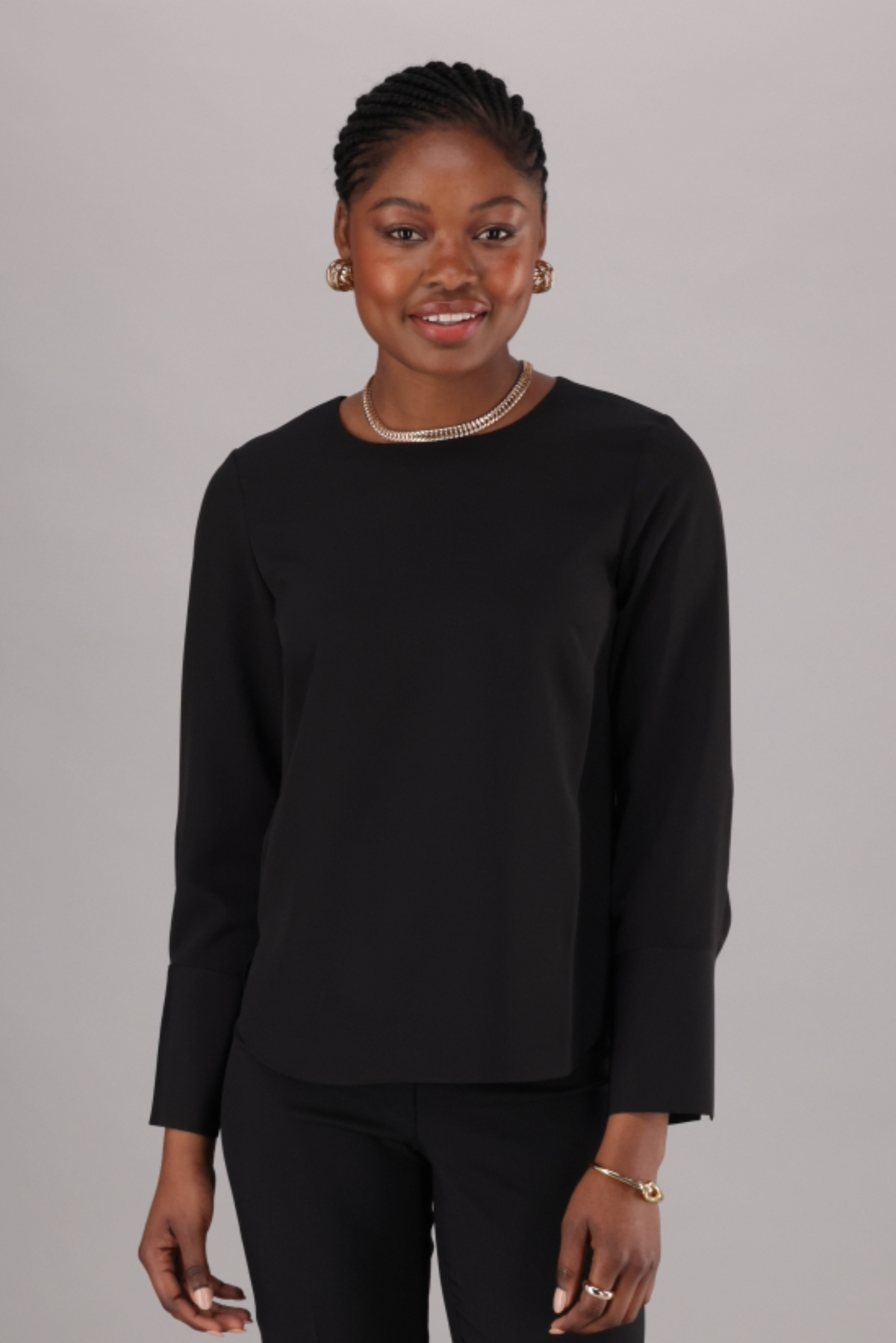 Becky Boxy Curved Hem Top – style shown in Pearl Black