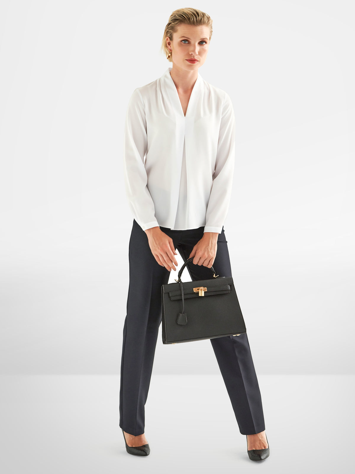Misha women's drape front work blouse, style shown in Pearl White – Imagemakers Online Store Sale