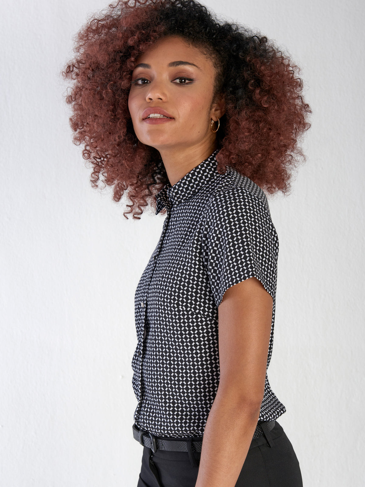 Carrie women's short sleeve work blouse in Graphic – ImNow clearance