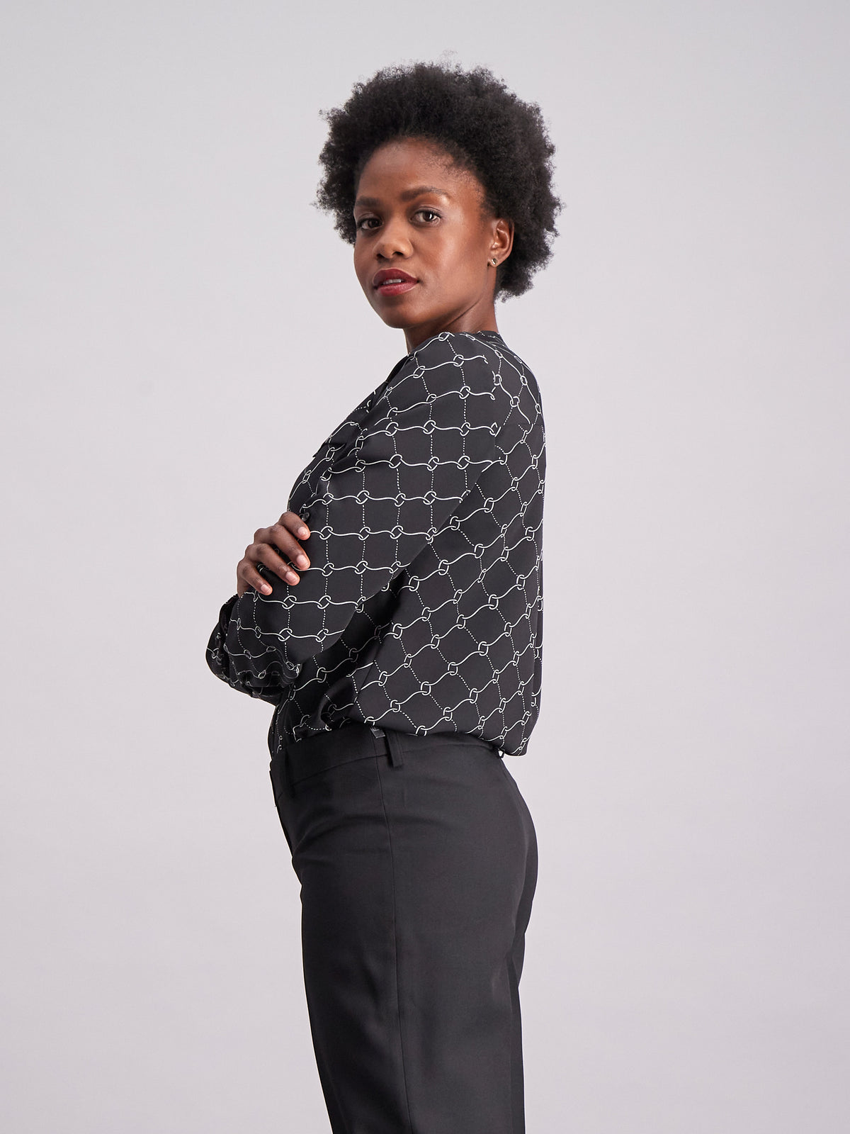 Black Chain fabric shown on a similar Imagemakers blouse – Evelyn Imagemakers Sale colour reference