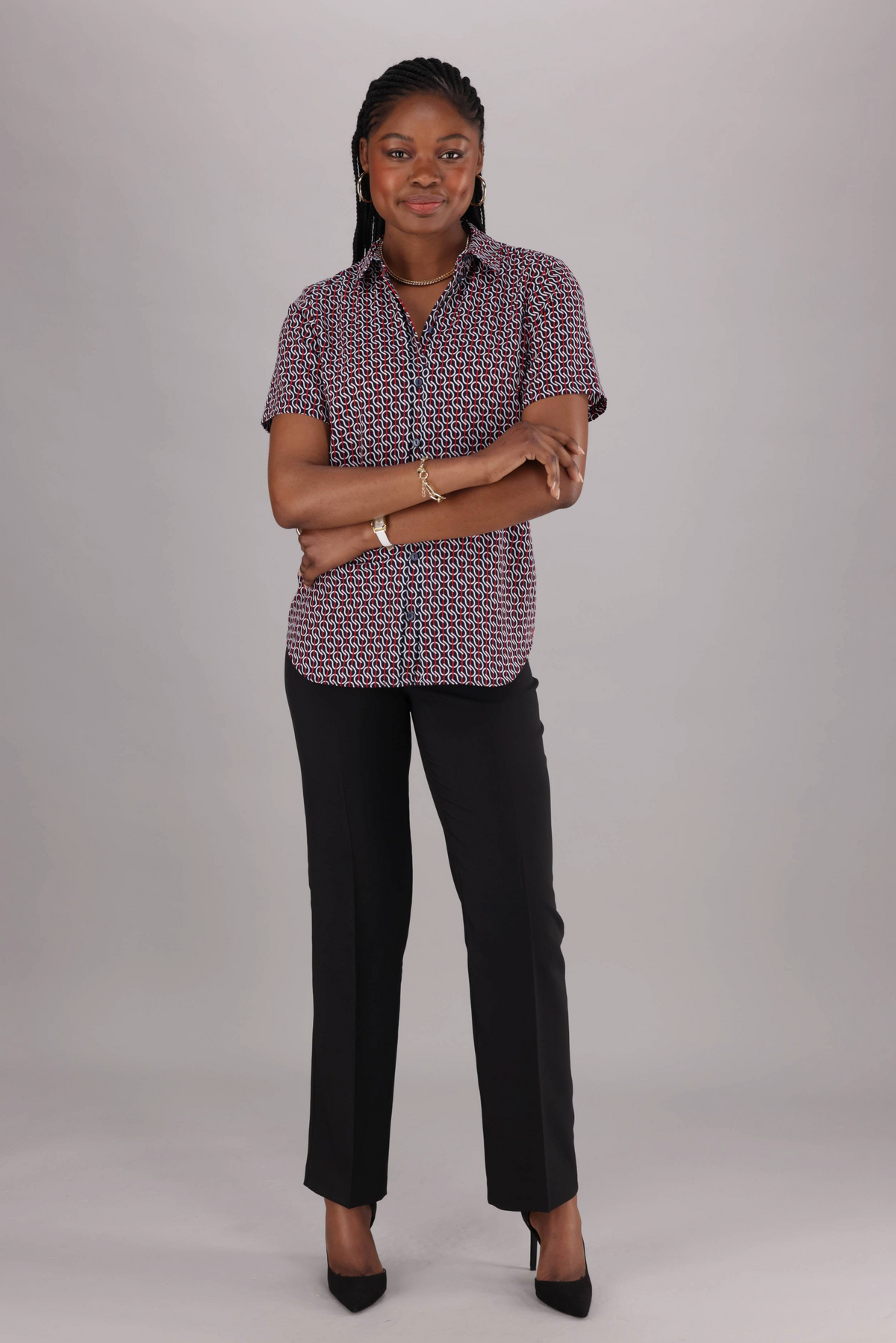 ImNow women’s geometric print Shirt with Short sleeves and a Classic Collar in red, white and navy.