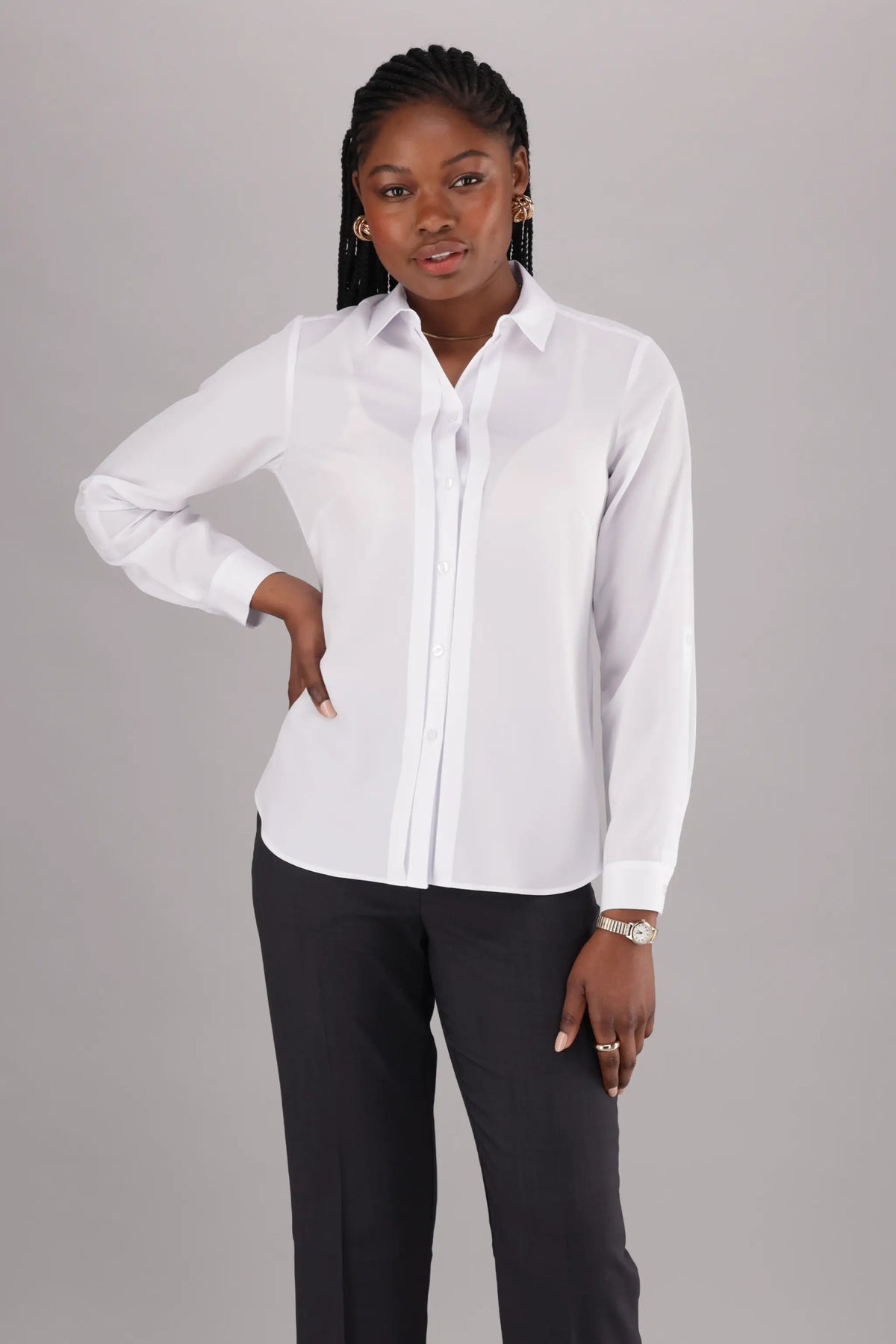 ImNow Women’s Formal Office Shirt with Long Sleeves, Structured Collar and Pintuck Button front in White.