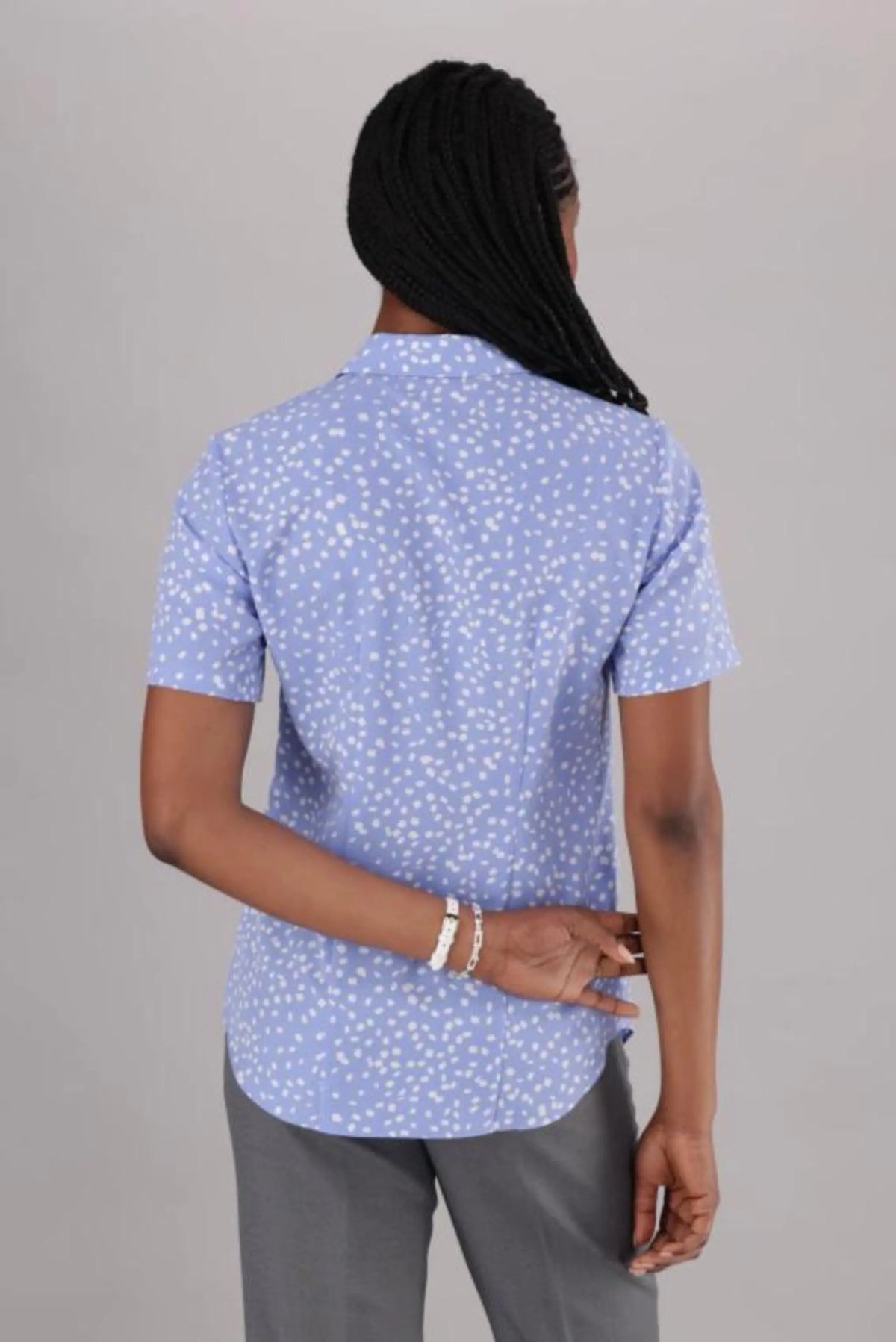 Light Blue and White Women’s Short Sleeve Office Shirt with Collar and Back View showing Darts from ImNow.
