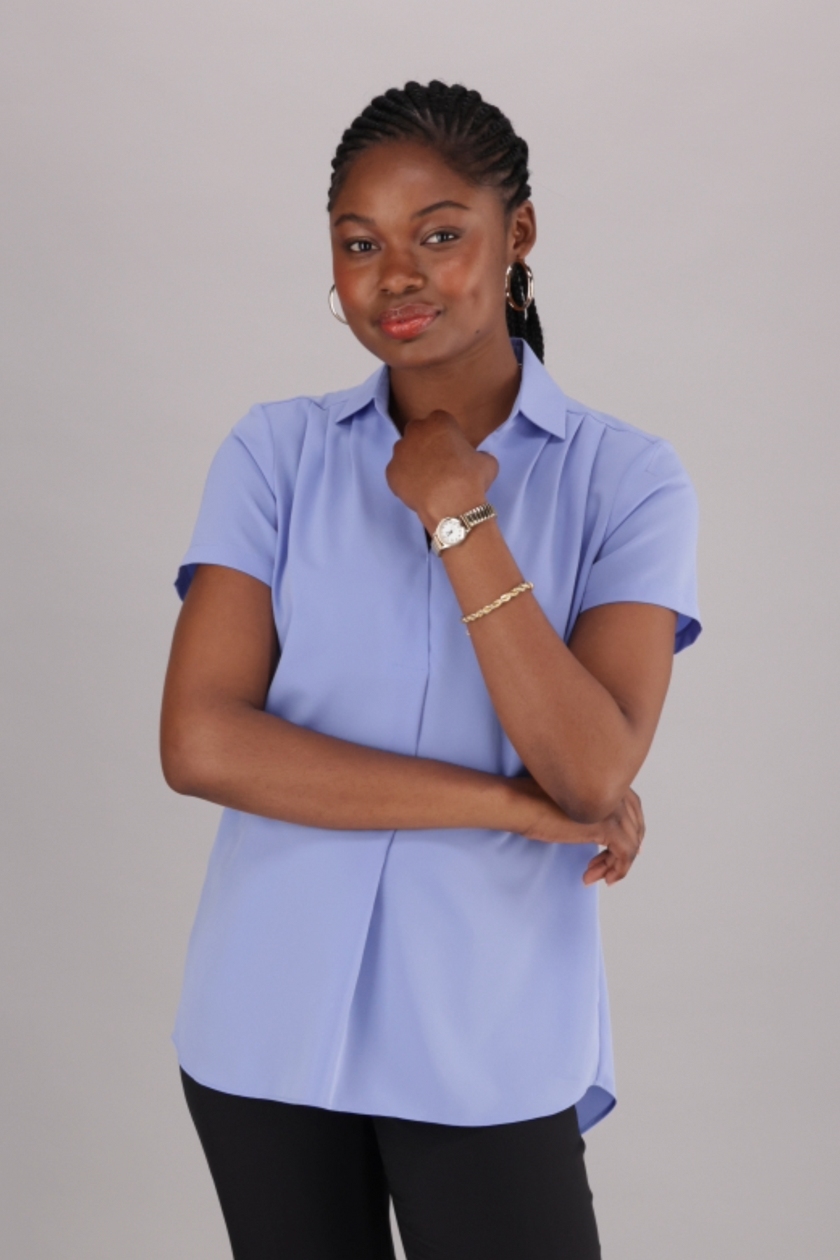 ImNow Light Blue Formal Top with V-Neckline with Short Sleeves and Collar.