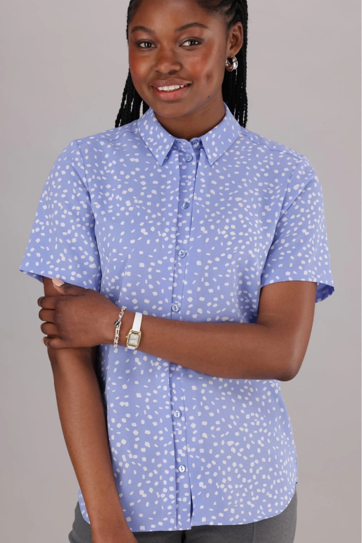 Women's Light Blue and White Printed Short-Sleeved Blouse, featuring a collar and buttoned detail from ImNow.