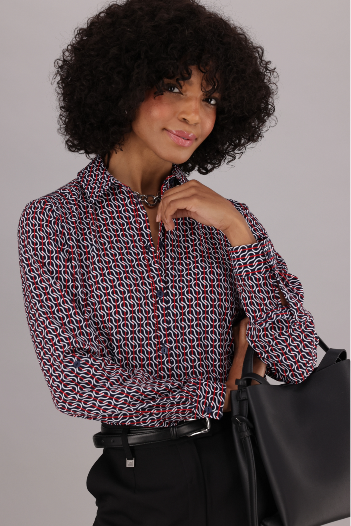 Navy, Red and white Printed Long-Sleeved ImNow Blouse with Buttoned detail and Collar for Women.
