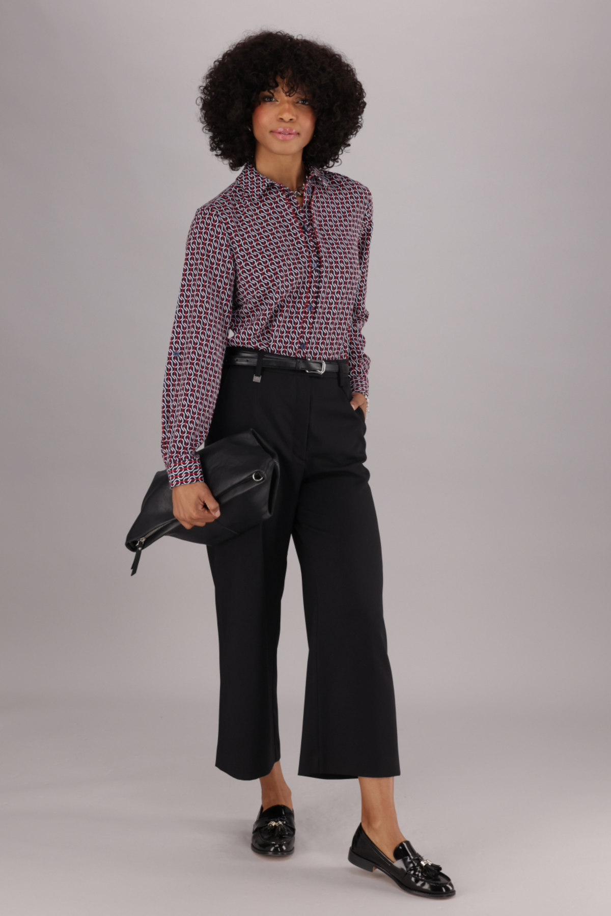 ImNow Printed Blouse for Women in Navy, Red and White, Designed with a Collar and Long Sleeves.