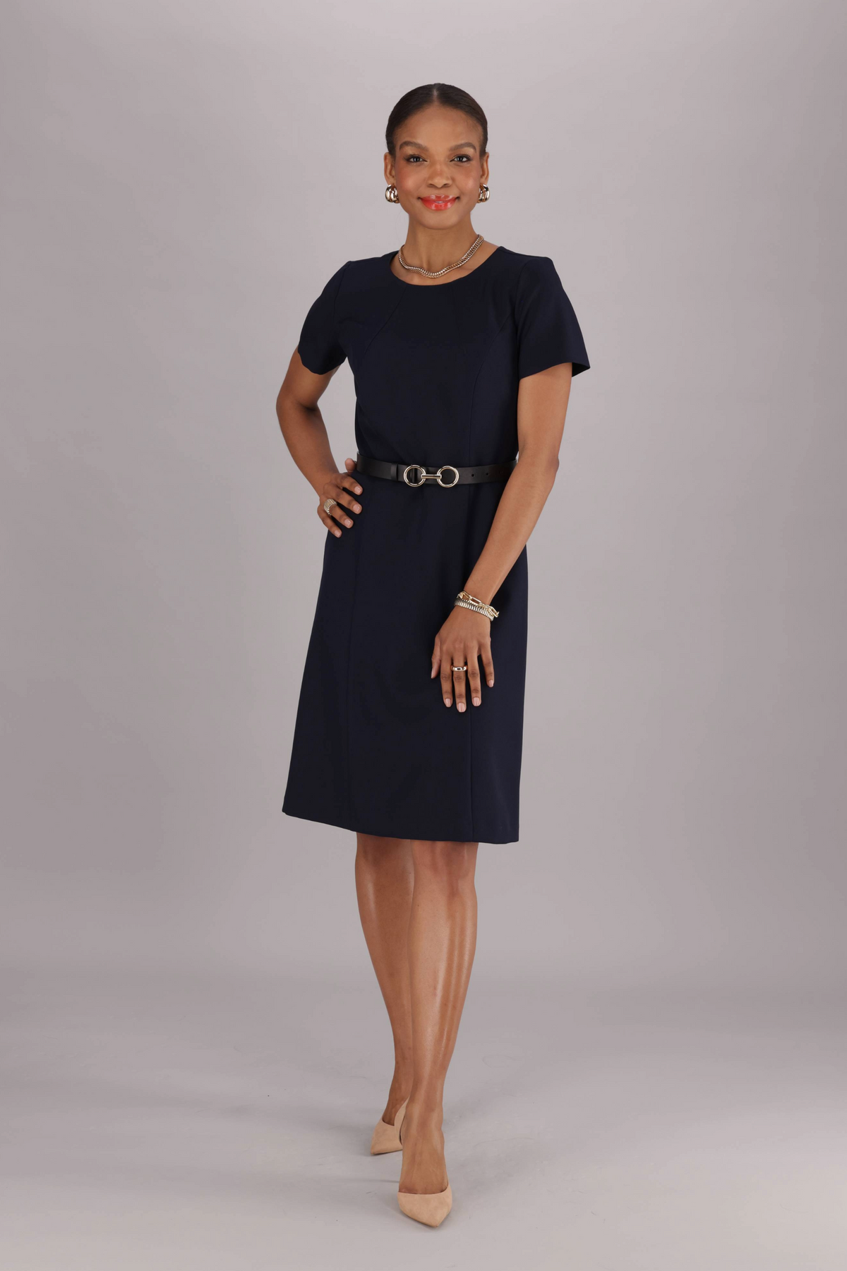 Knee Length Stretch A Line Dress - Navy