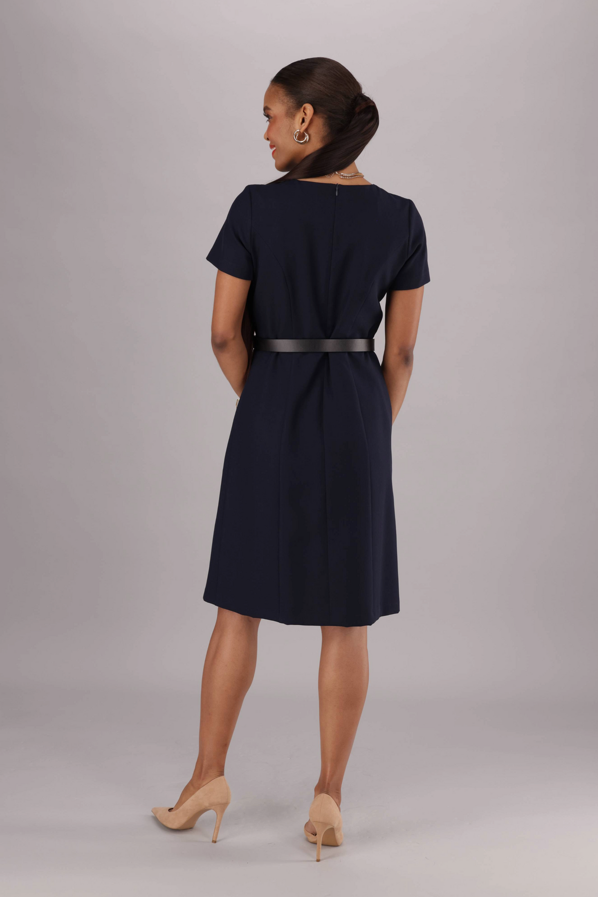 Knee Length Stretch A Line Dress - Navy