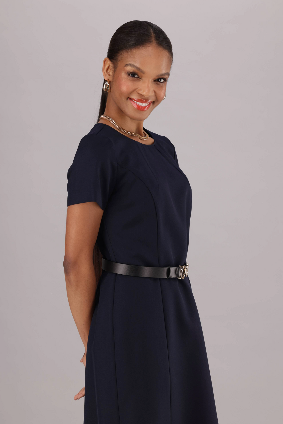 Knee Length Stretch A Line Dress - Navy