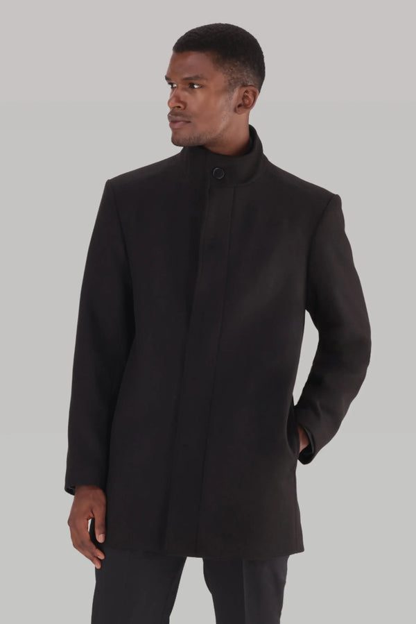 Men's Black Funnel Neck Winter Coat | Fully Lined Melton Coat