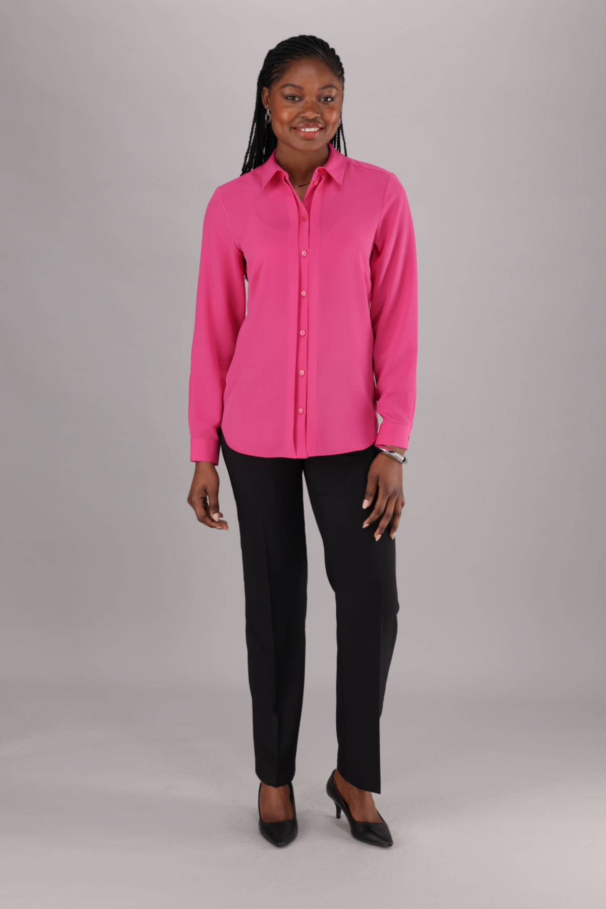 Women's Classic Fit Long Sleeve Pink Shirt with a Collar and Front Buttons with Pintuck Detail from ImNow.