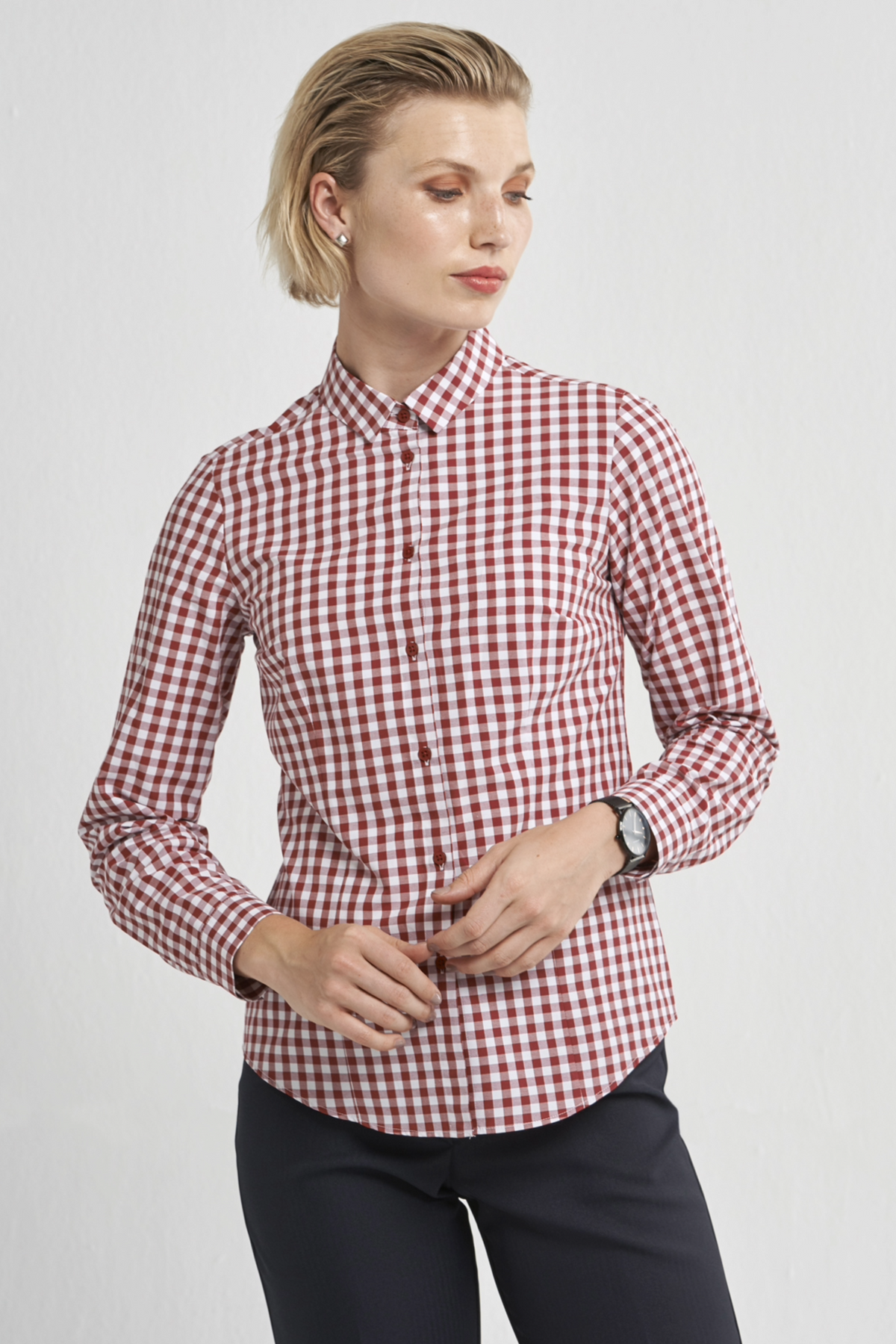 Karabo women's long sleeve cotton work shirt in Red Gingham – Imagemakers Online Store Sale