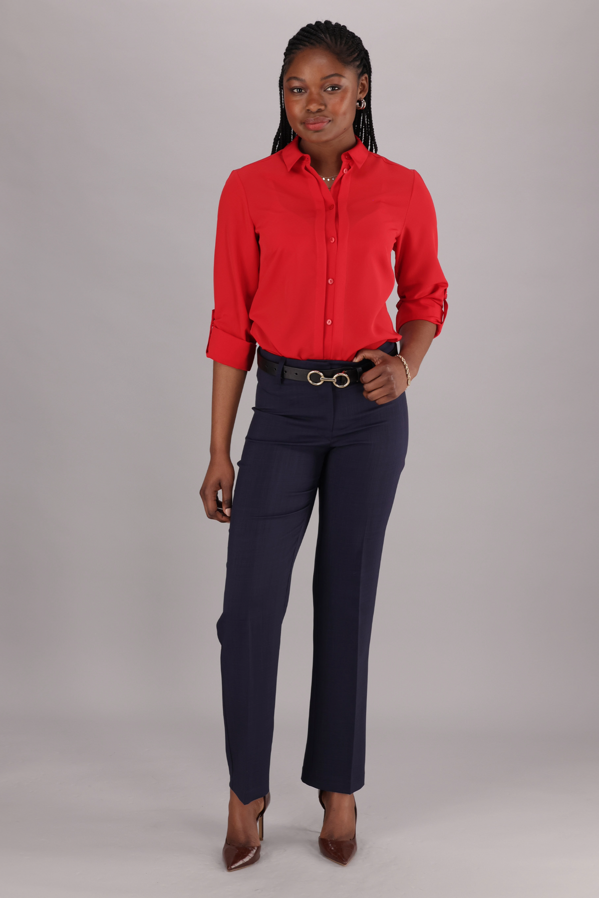Womens Long Sleeve blouse with Tabs as well as a Structured Collar and Pintuck Detail from ImNow in Red