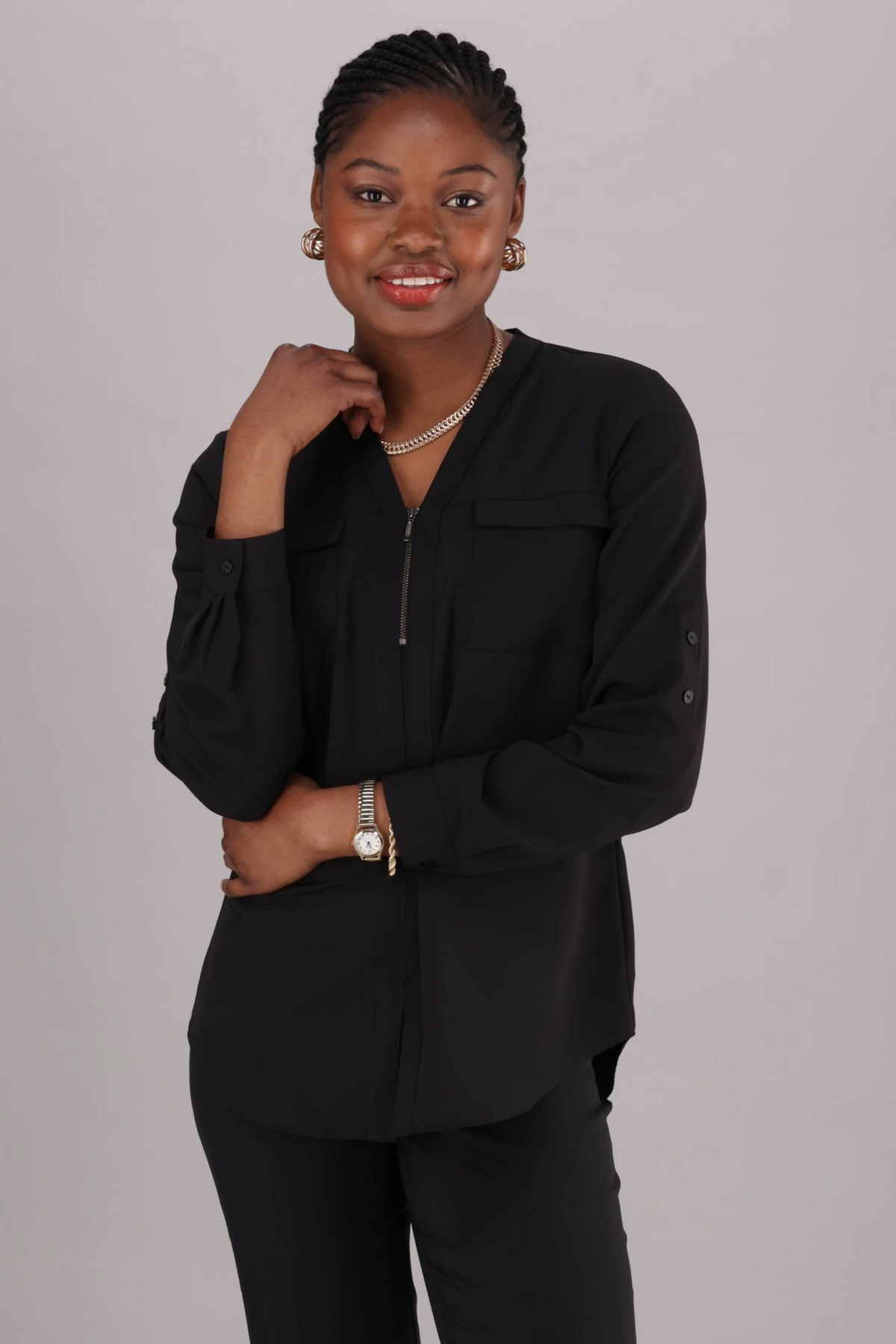 Sabrina Zip Front Blouse – style shown in Pearl Black
