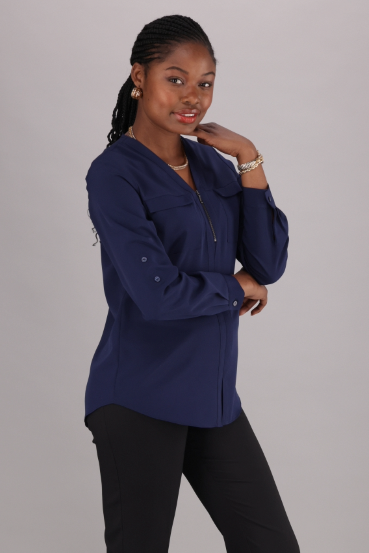 Relaxed Fit V Neck Zip Blouse - Navy