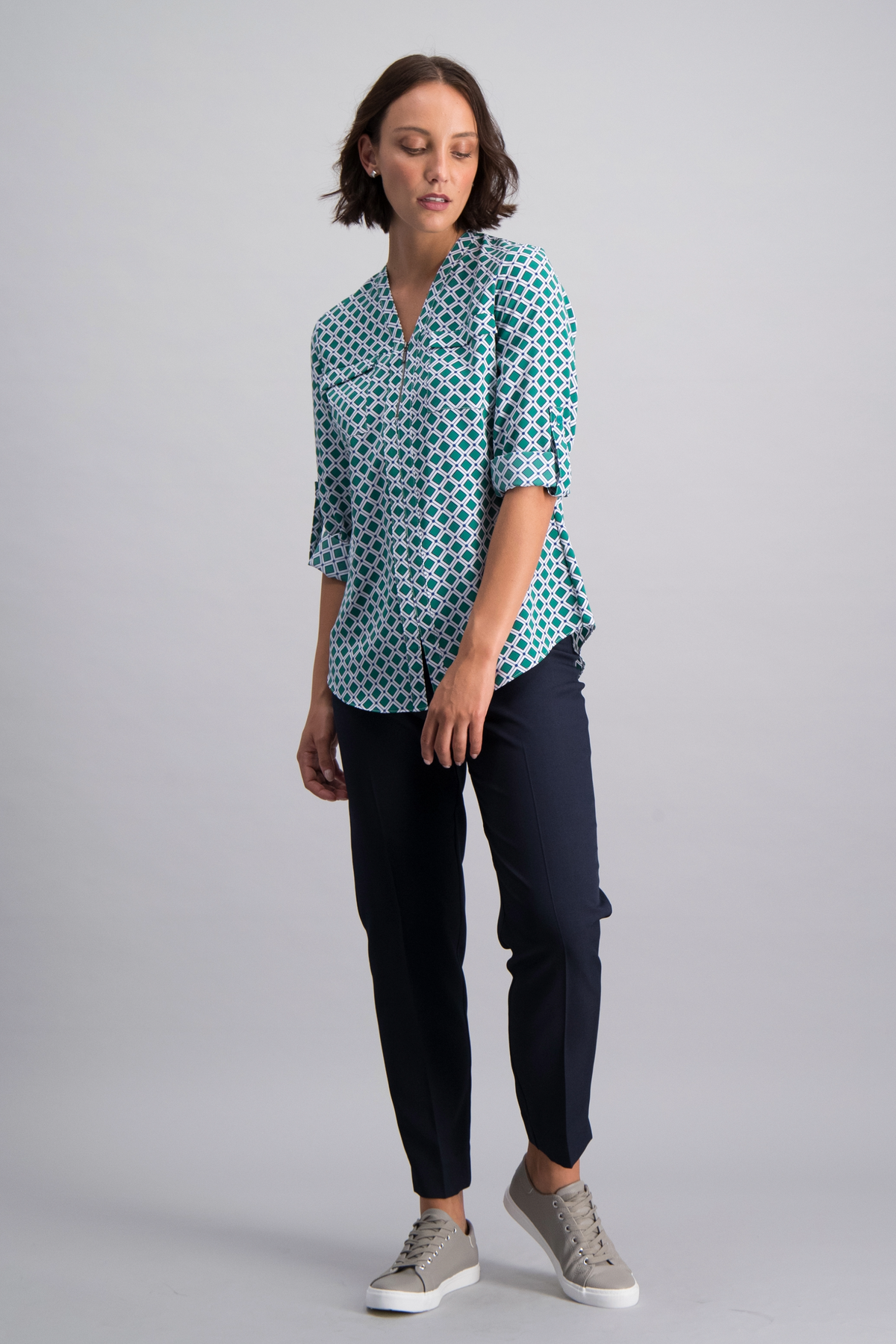 Relaxed Fit V Neck Zip Blouse - Green Print