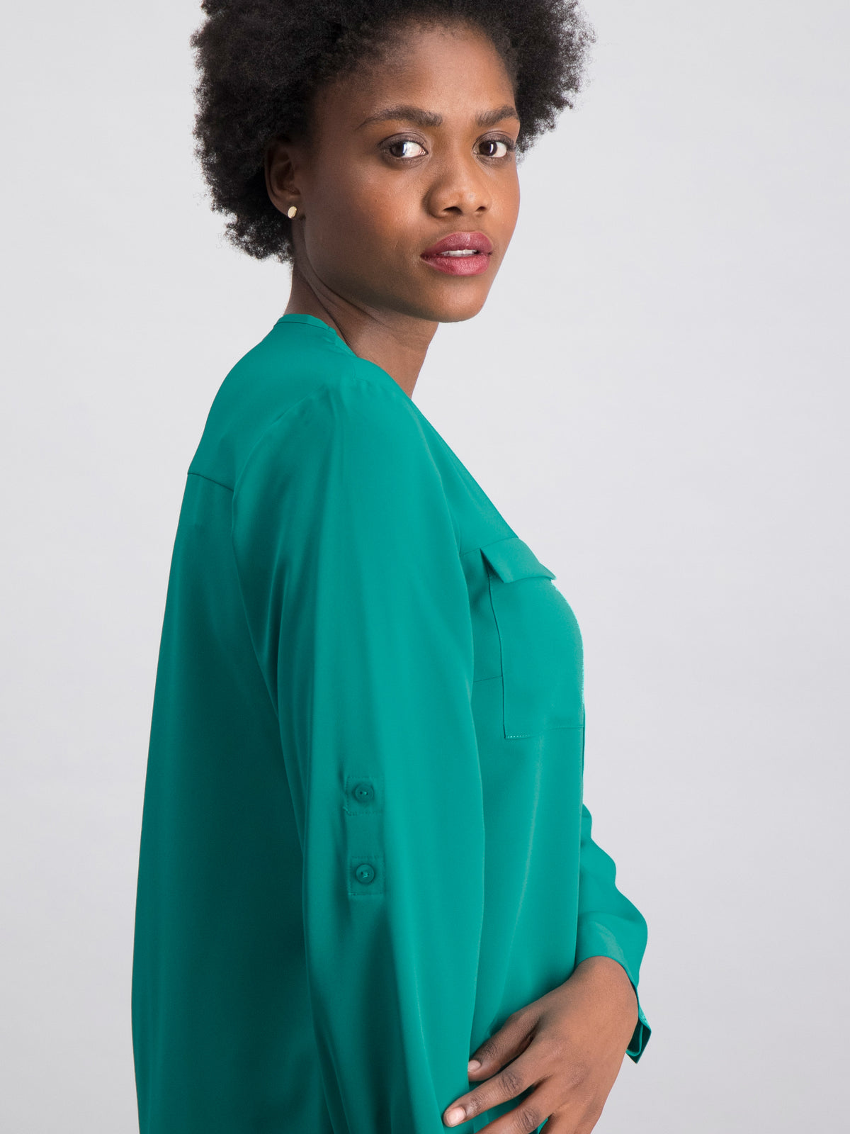 Relaxed Fit V Neck Zip Blouse - Green