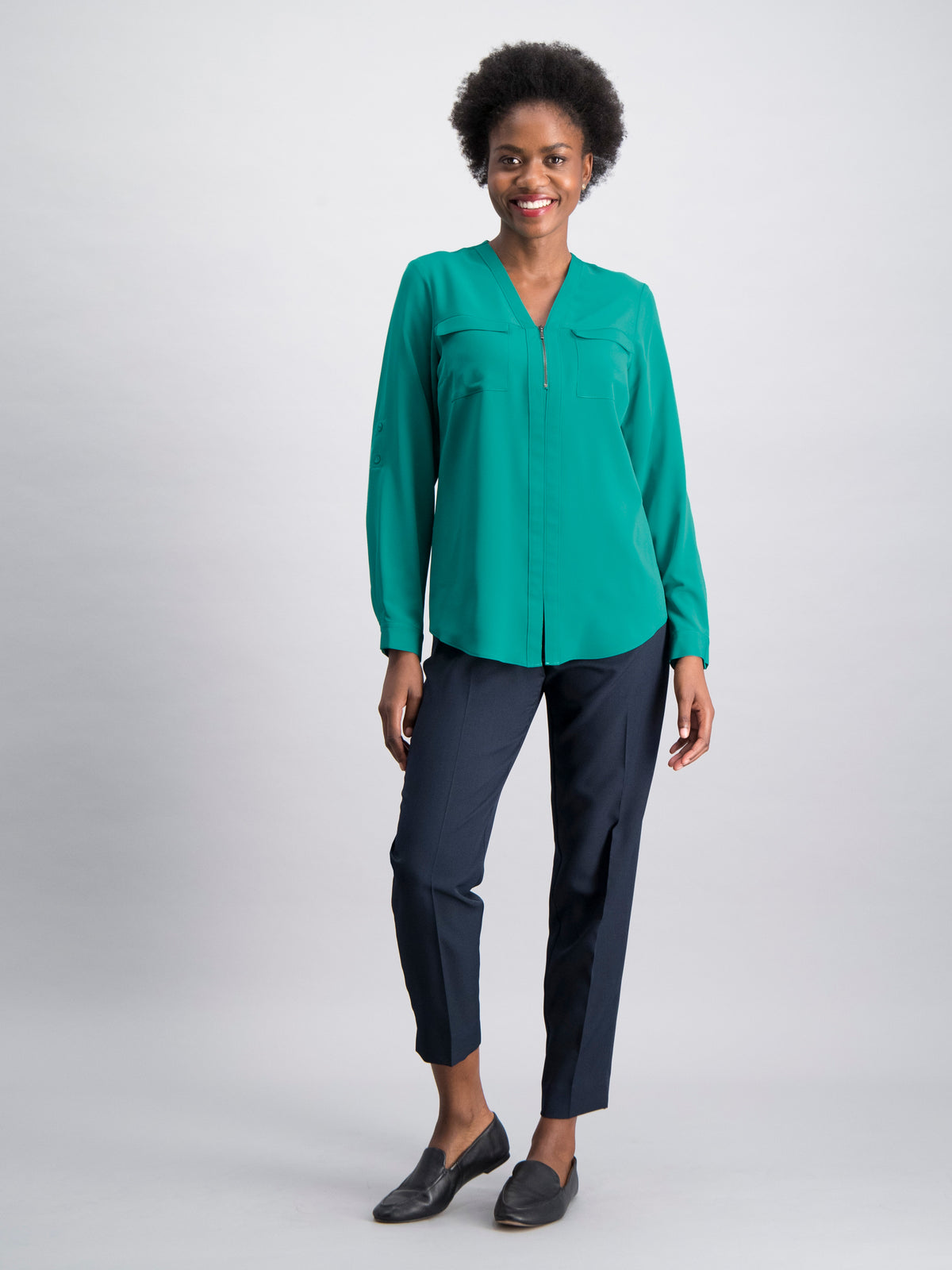 Relaxed Fit V Neck Zip Blouse - Green
