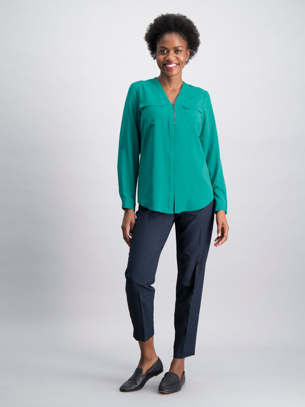 Relaxed Fit V Neck Zip Blouse - Green - Imagemakers (Pty) Ltd