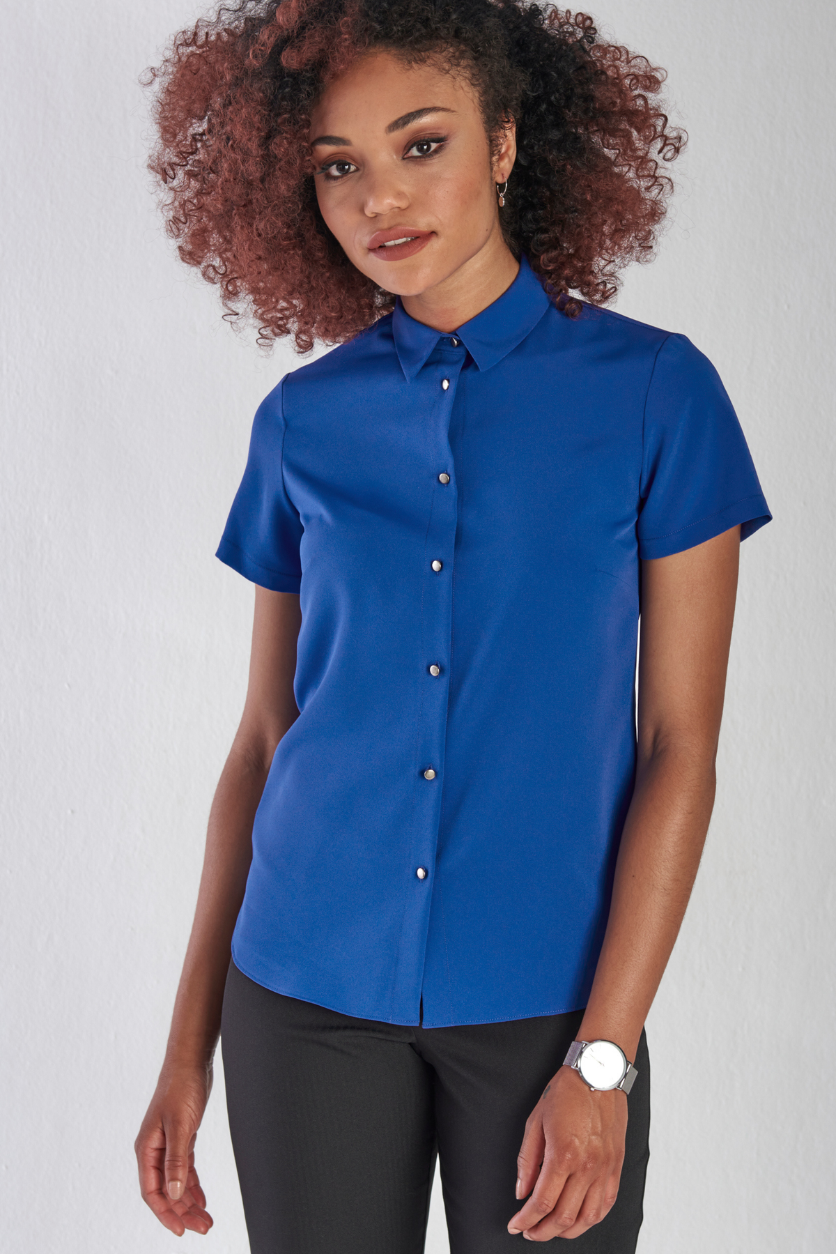 Carrie women's short sleeve work blouse in Sapphire – ImNow clearance