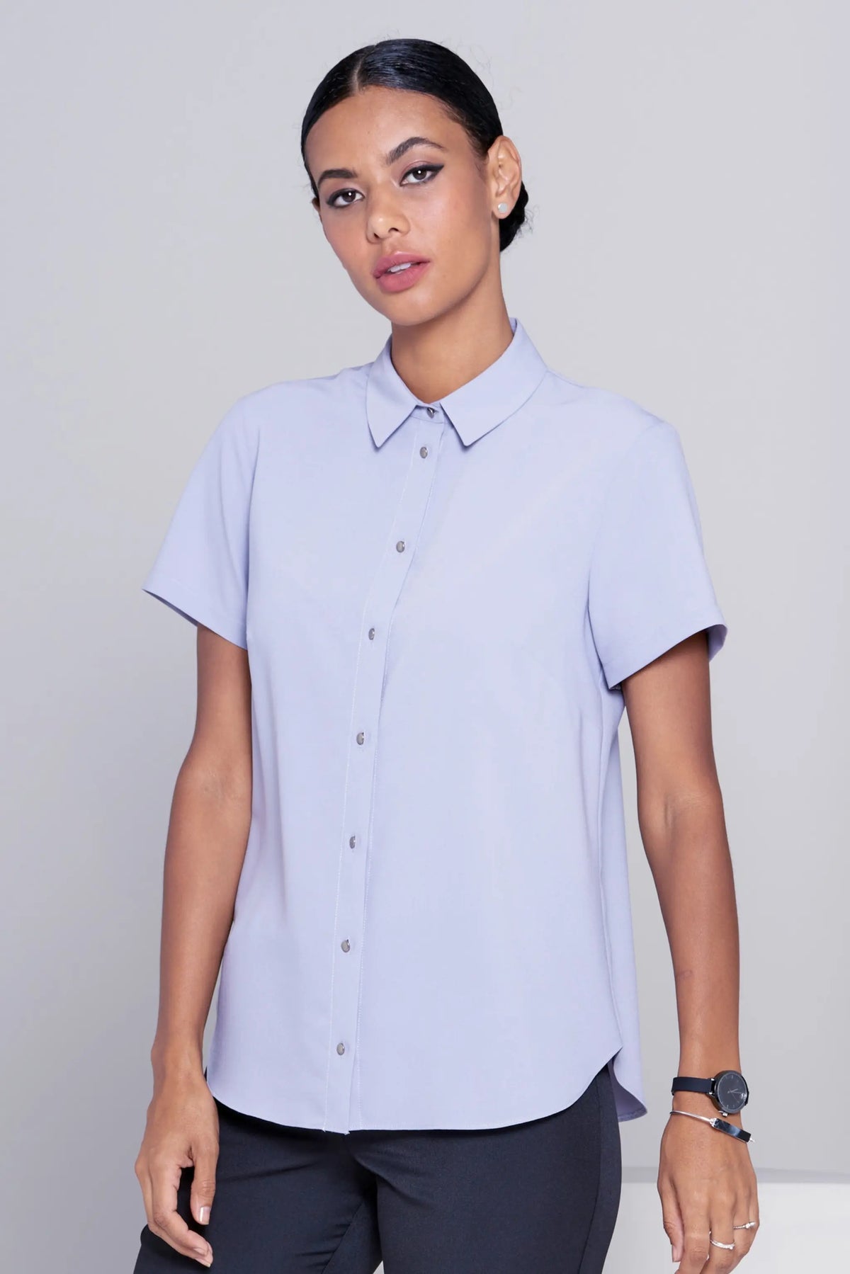 Carrie women's short sleeve work blouse in Lilac Grey – ImNow clearance
