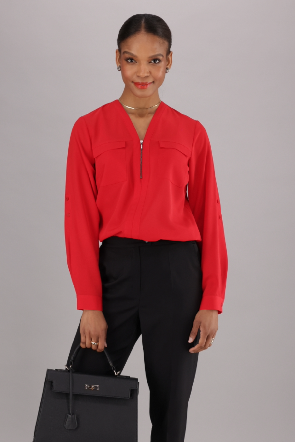 Red Long-Sleeve V-Neck Zip-Front Women’s Top With Roll-Up Tabs, Designed For Everyday Office Wear By ImNow.