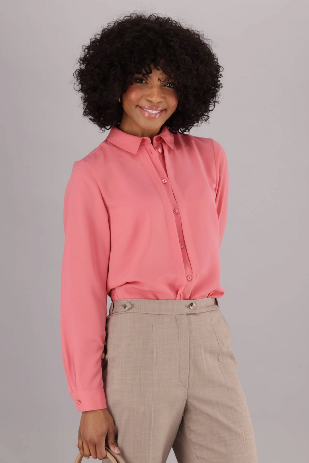 ImNow Women’s Coral Workwear Blouse with Structured Collar, Pintuck detail and Tabbed Long Sleeves.