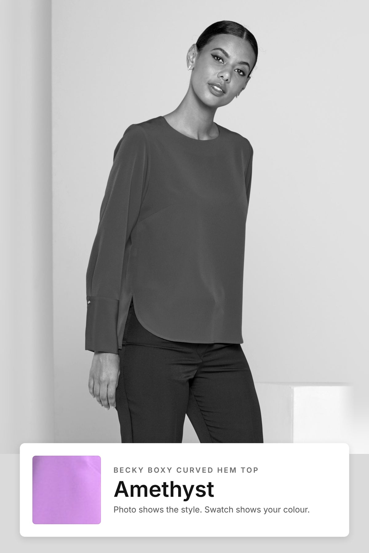 Becky women's boxy curved hem work top in Amethyst – style photo with Amethyst fabric swatch, Imagemakers Sale