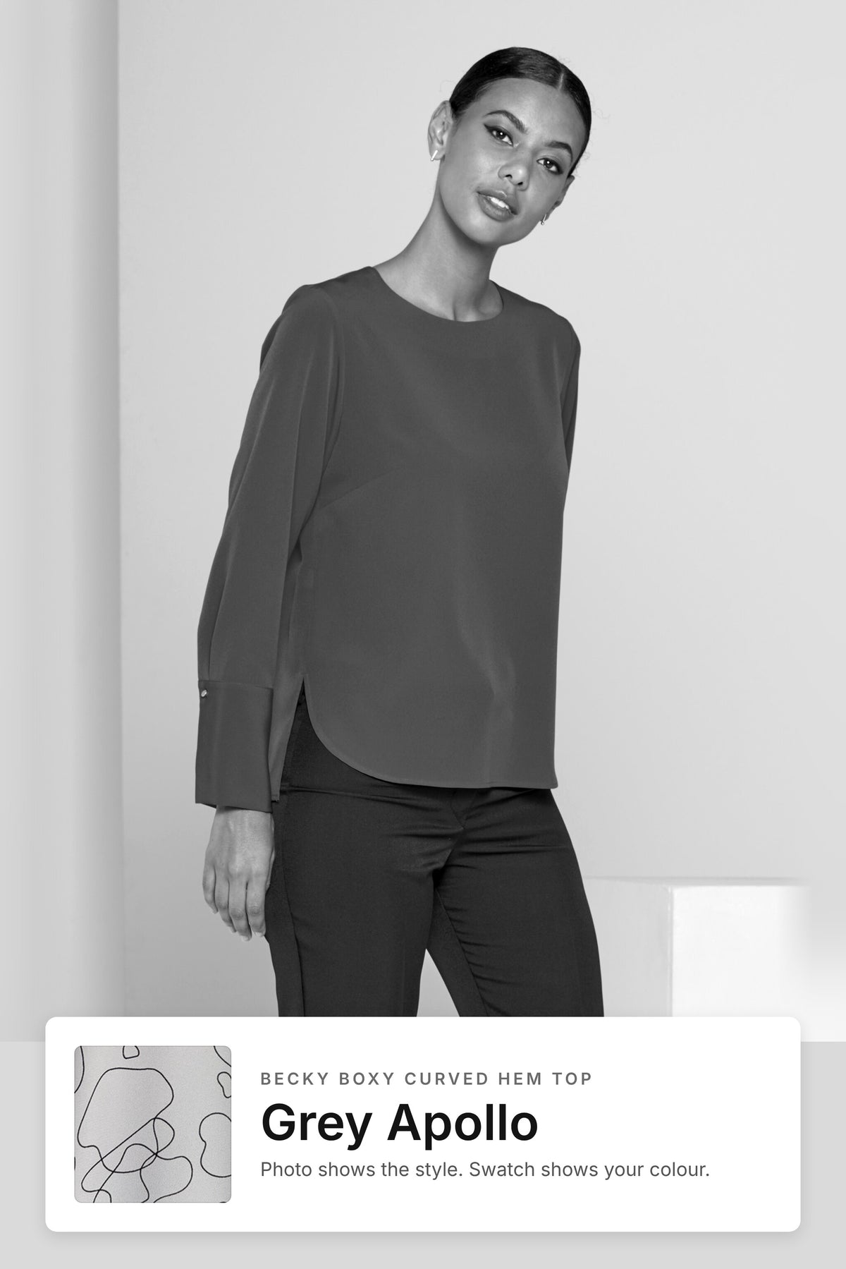 Becky women's boxy curved hem work top in Grey Apollo – style photo with Grey Apollo fabric swatch, Imagemakers Sale