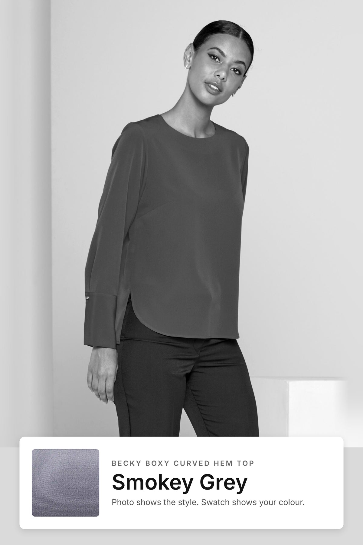 Becky women's boxy curved hem work top in Smokey Grey – style photo with Smokey Grey fabric swatch, Imagemakers Sale