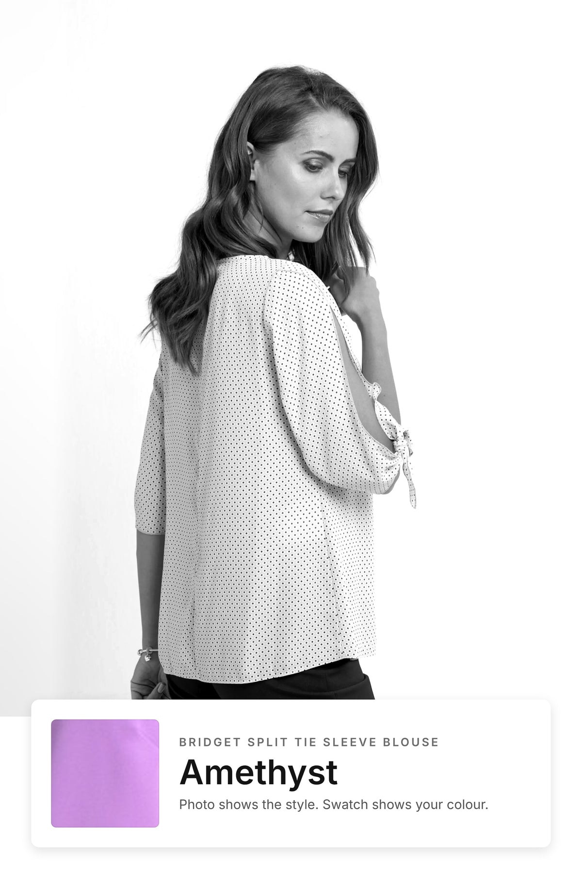 Bridget women's split tie sleeve work blouse in Amethyst – style photo with Amethyst fabric swatch, Imagemakers Sale