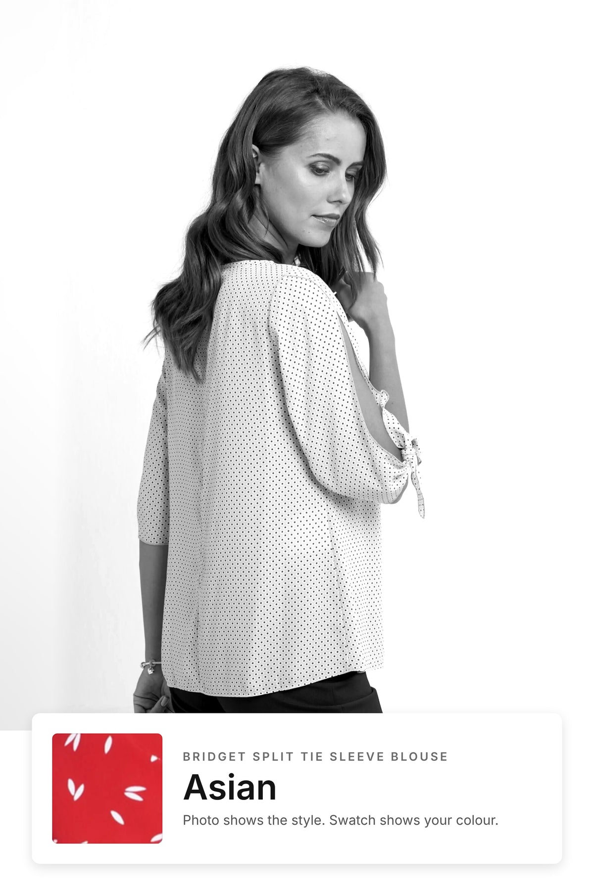 Bridget women's split tie sleeve work blouse in Asian – style photo with Asian fabric swatch, Imagemakers Sale