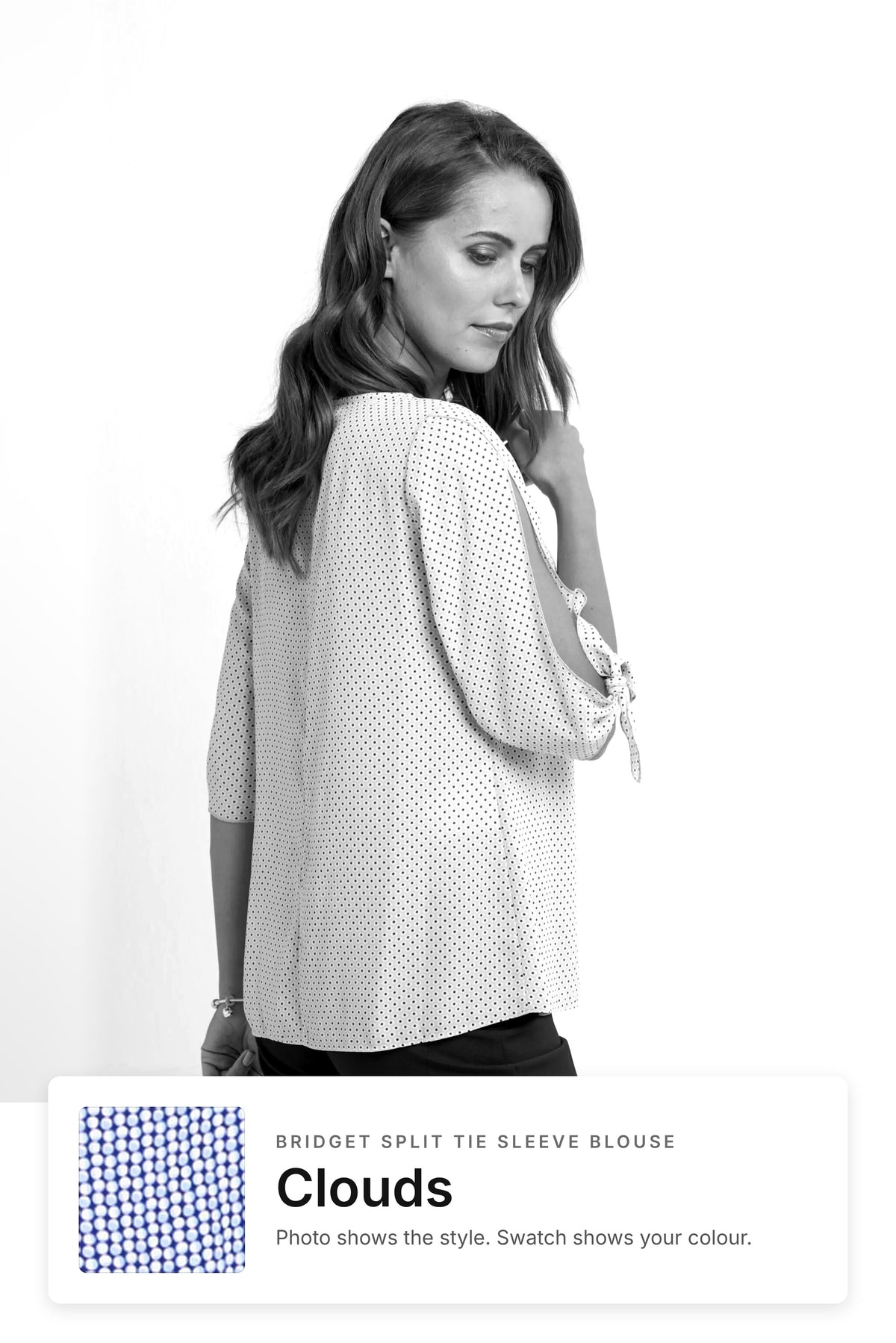 Bridget women's split tie sleeve work blouse in Clouds – style photo with Clouds fabric swatch, Imagemakers Sale