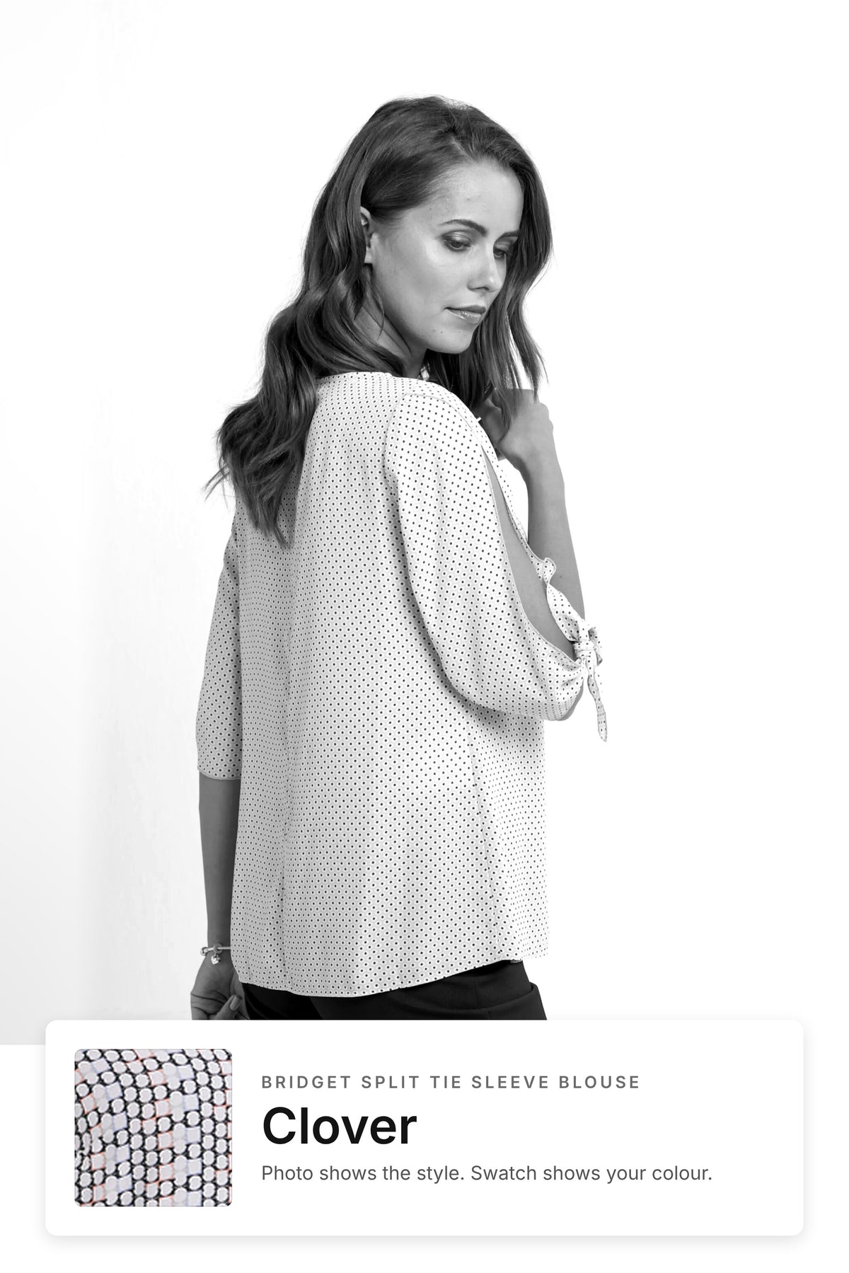 Bridget women's split tie sleeve work blouse in Clover – style photo with Clover fabric swatch, Imagemakers Sale