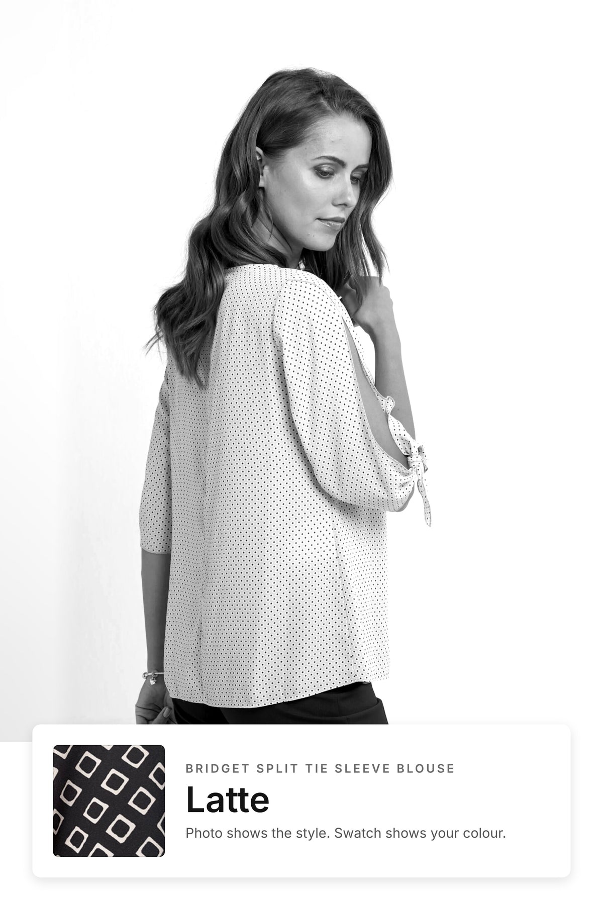 Bridget women's split tie sleeve work blouse in Latte – style photo with Latte fabric swatch, Imagemakers Sale