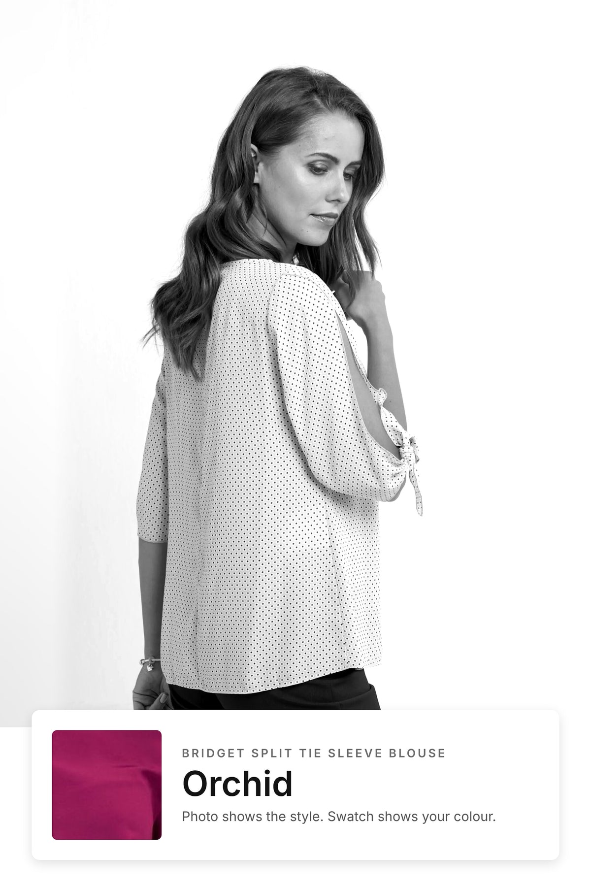 Bridget women's split tie sleeve work blouse in Orchid – style photo with Orchid fabric swatch, Imagemakers Sale