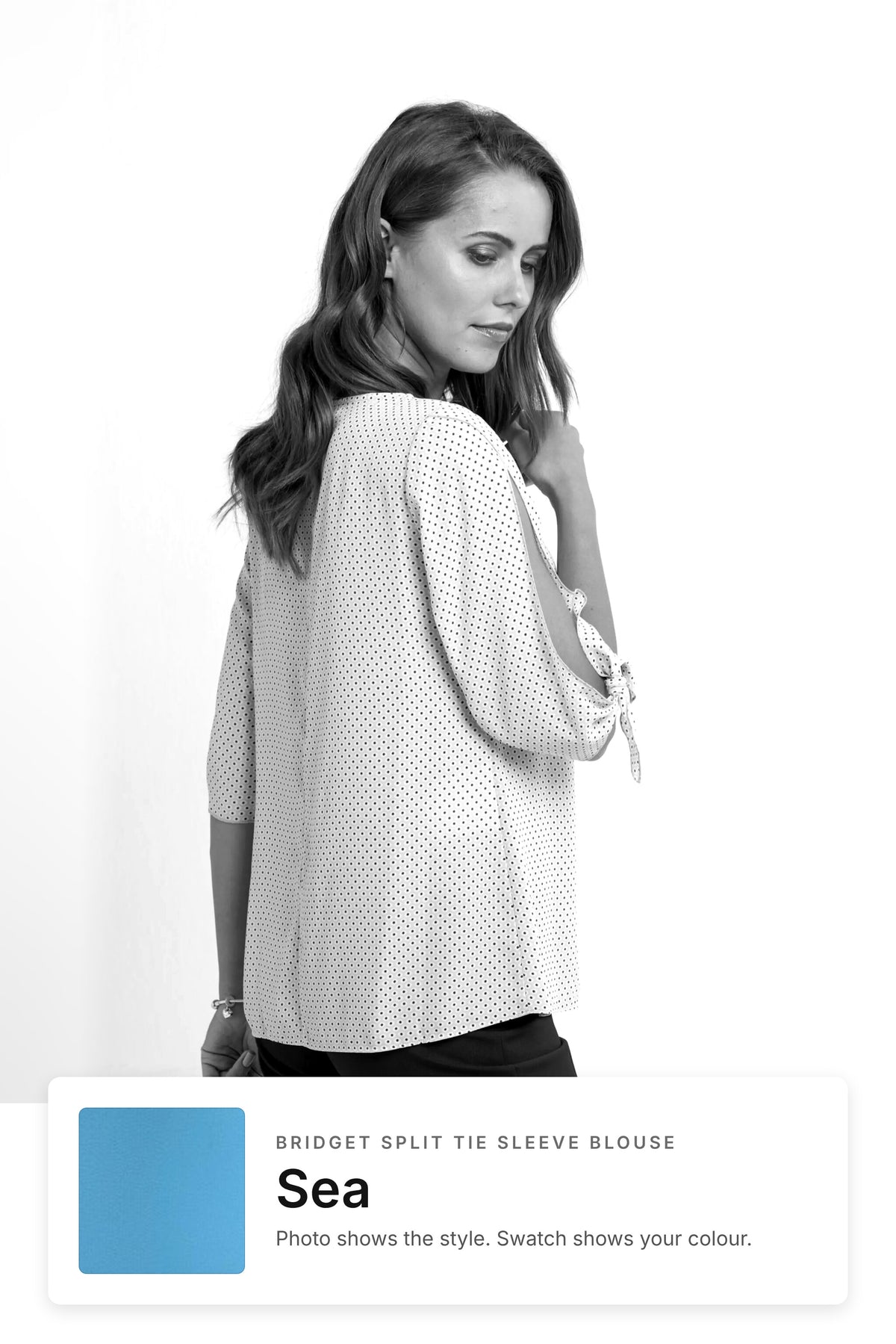 Bridget women's split tie sleeve work blouse in Sea – style photo with Sea fabric swatch, Imagemakers Sale