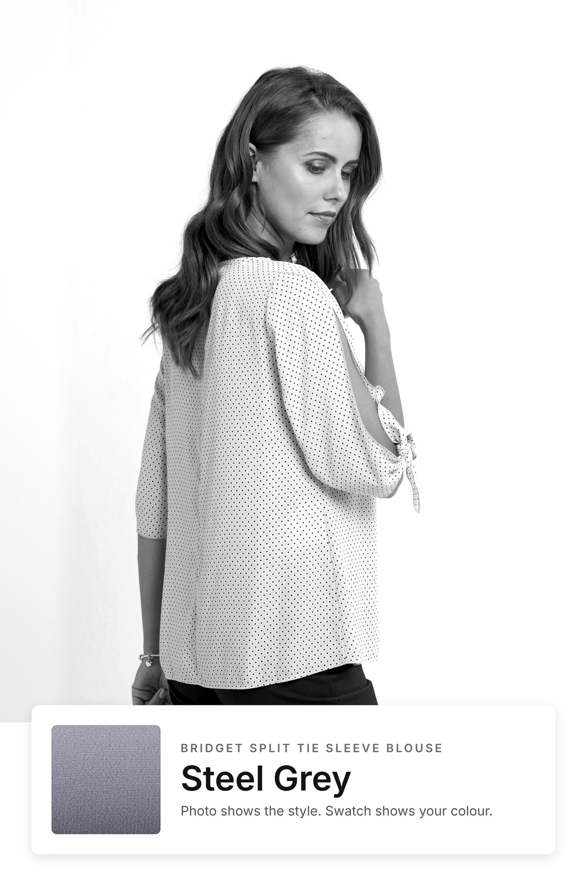 Bridget women's split tie sleeve work blouse in Steel Grey – style photo with Steel Grey fabric swatch, Imagemakers Sale