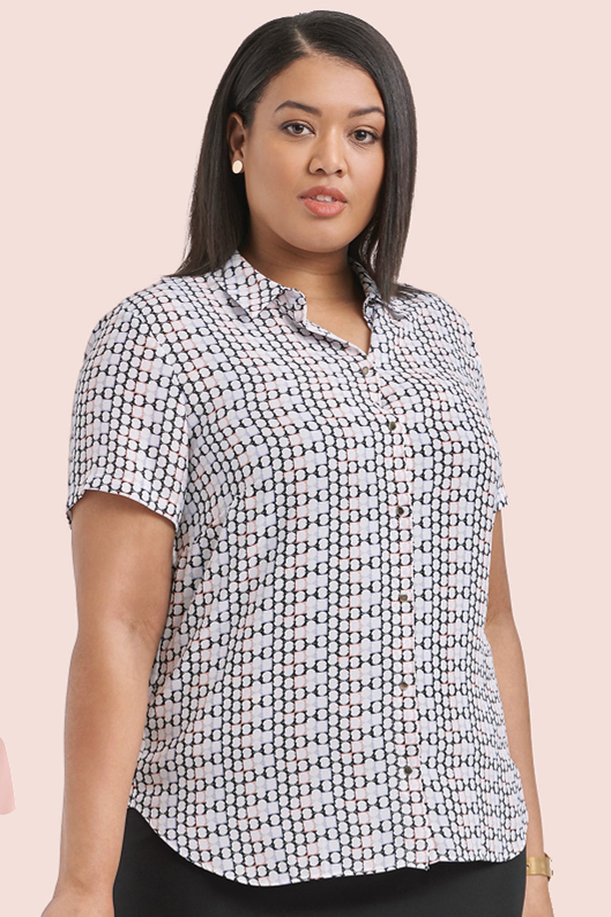Carrie women's short sleeve work blouse in Clover – black and white style photo with Clover fabric swatch