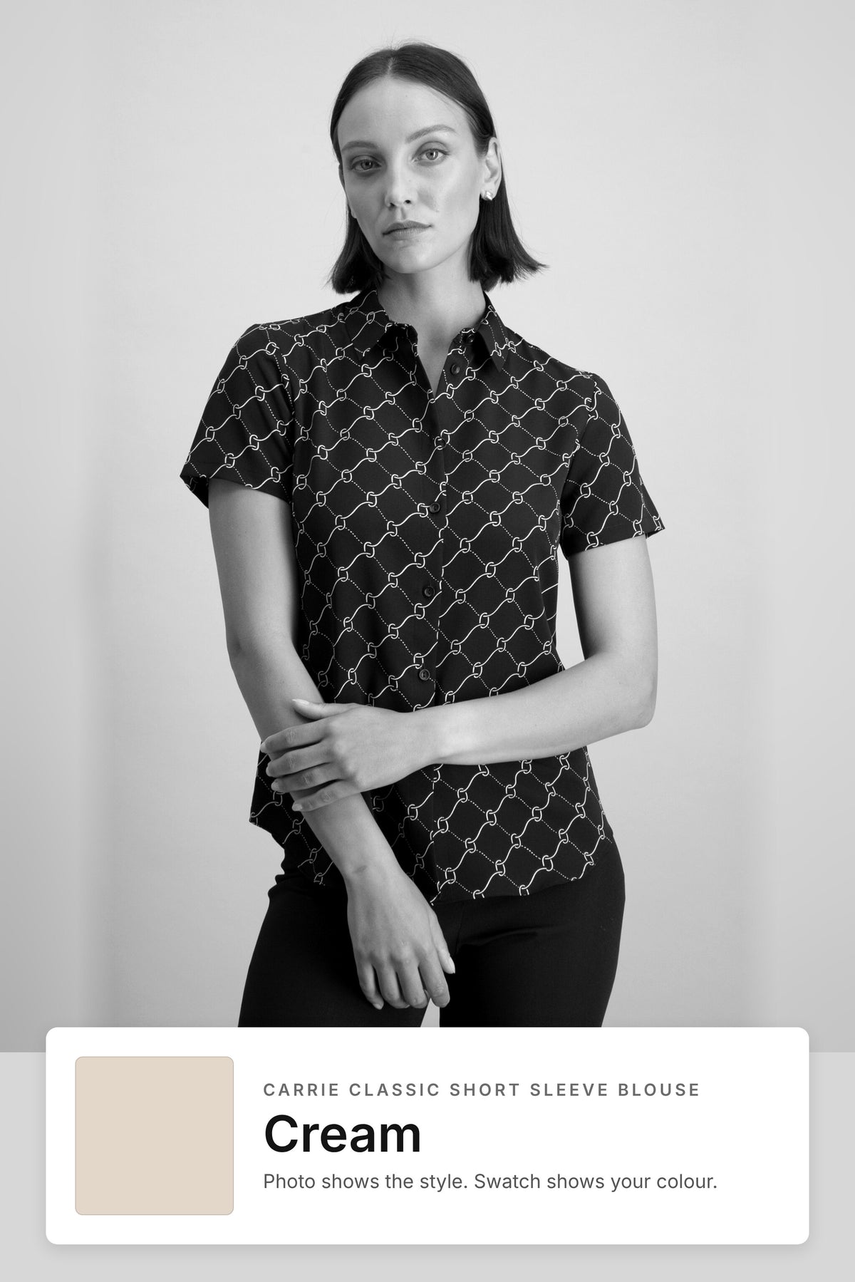 Carrie women's short sleeve work blouse in Cream – black and white style photo with Cream fabric swatch