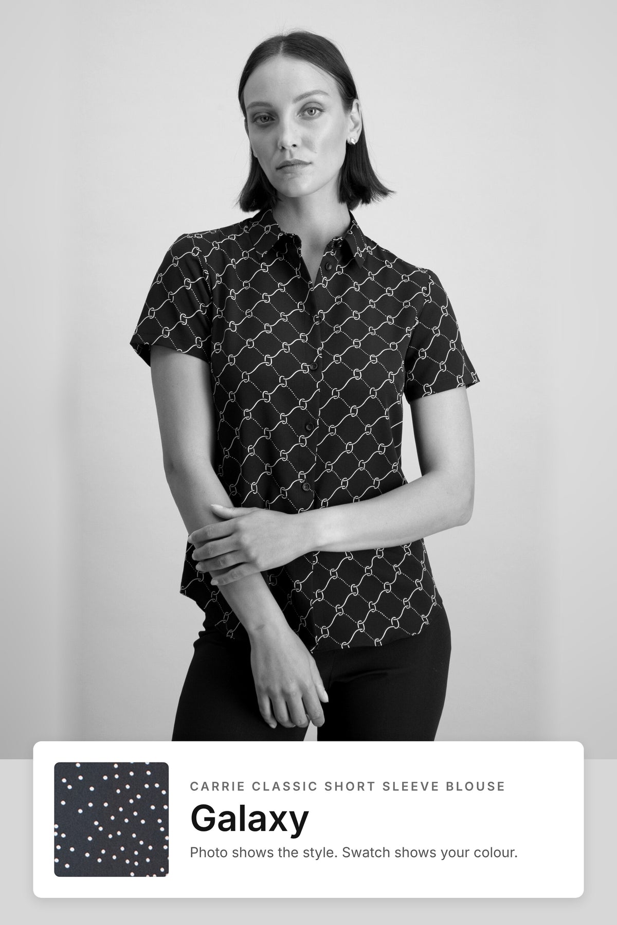 Carrie women's short sleeve work blouse in Galaxy – black and white style photo with Galaxy fabric swatch