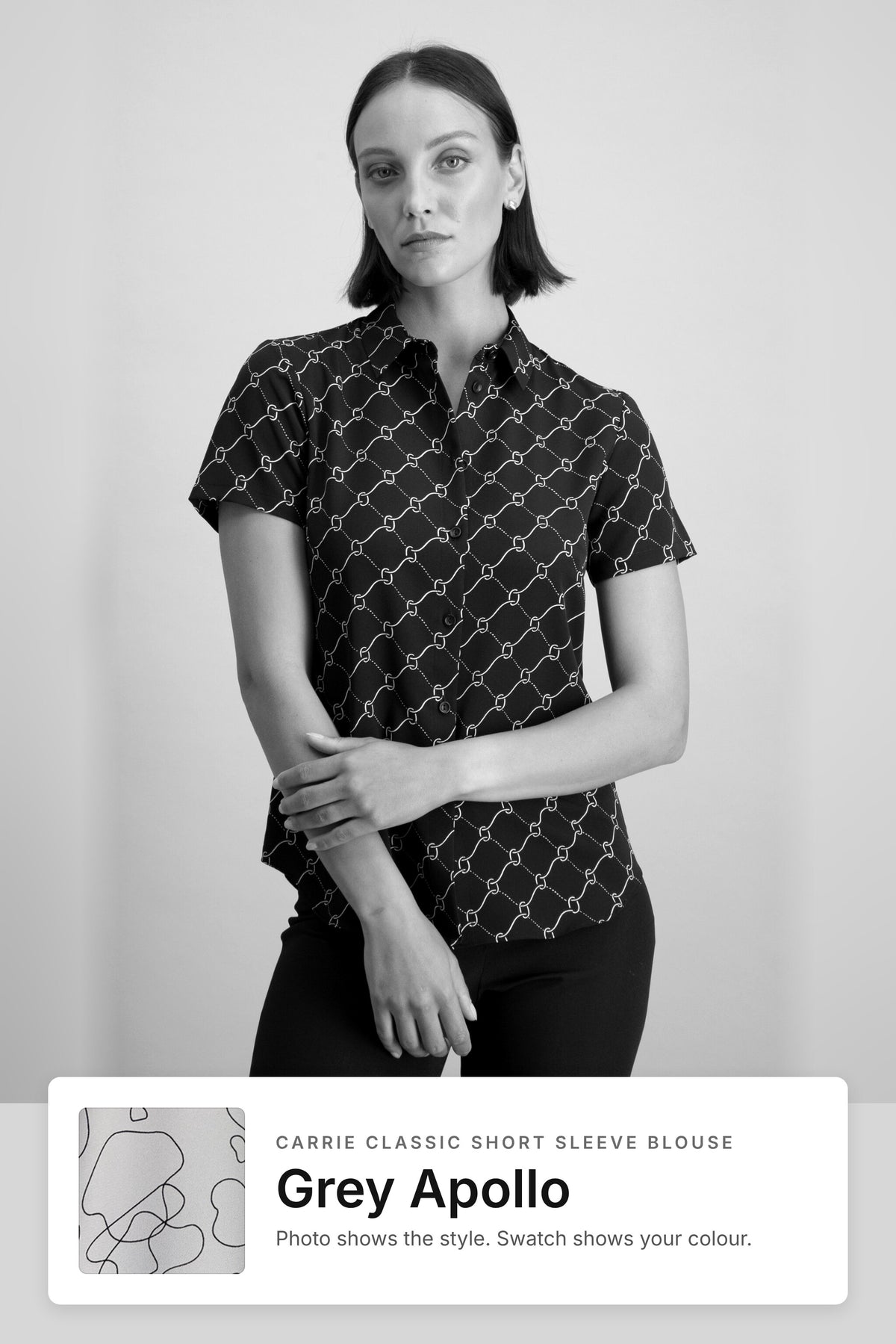 Carrie women's short sleeve work blouse in Grey Apollo – black and white style photo with Grey Apollo fabric swatch