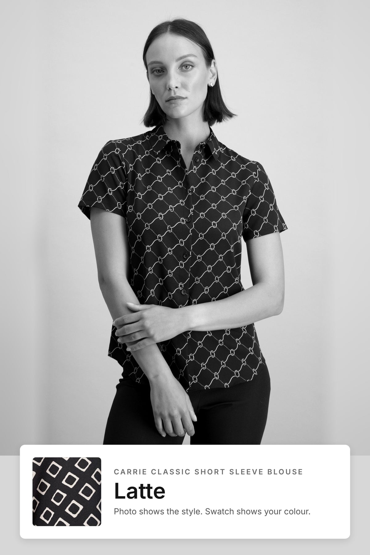 Carrie women's short sleeve work blouse in Latte – black and white style photo with Latte fabric swatch