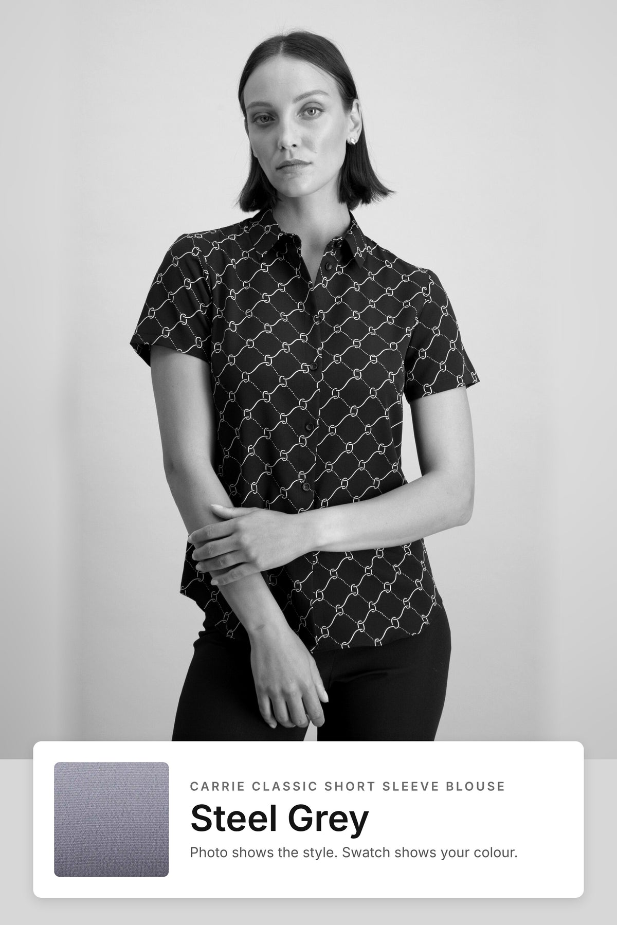 Carrie women's short sleeve work blouse in Steel Grey – black and white style photo with Steel Grey fabric swatch