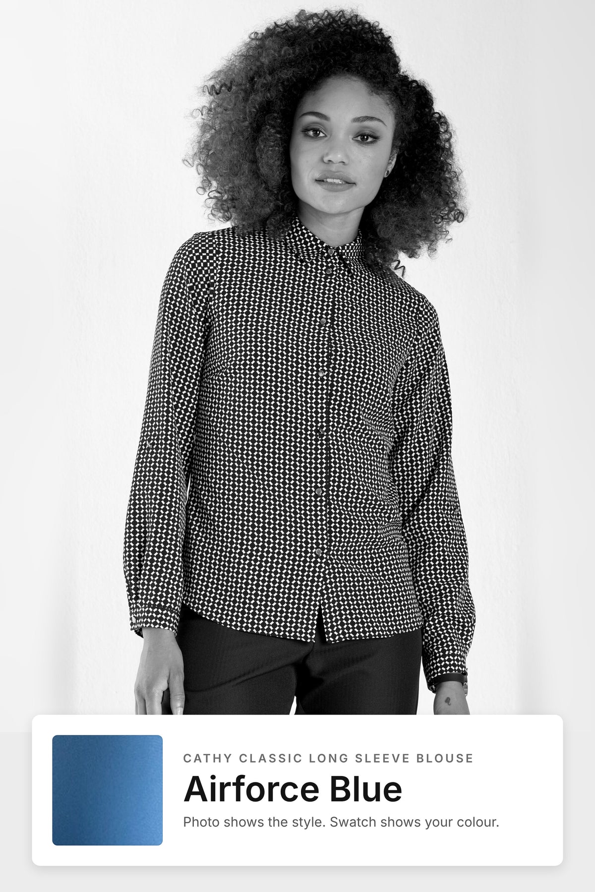 Cathy women's long sleeve work blouse in Airforce Blue – black and white style photo with Airforce Blue fabric swatch